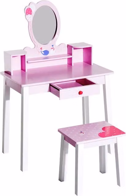 HOMCOM Kids Wooden Dressing Table and Stool Set with Mirror in Pink