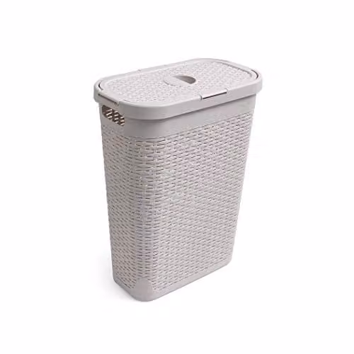 Addis Faux Rattan 40 Litre Slim Family Laundry Hamper Bin with Lid, Beige – 1