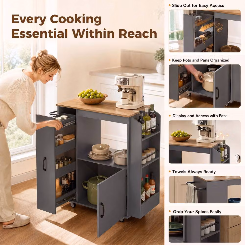 HOMCOM Modern Grey Rolling Kitchen Trolley with Power Outlet – 3
