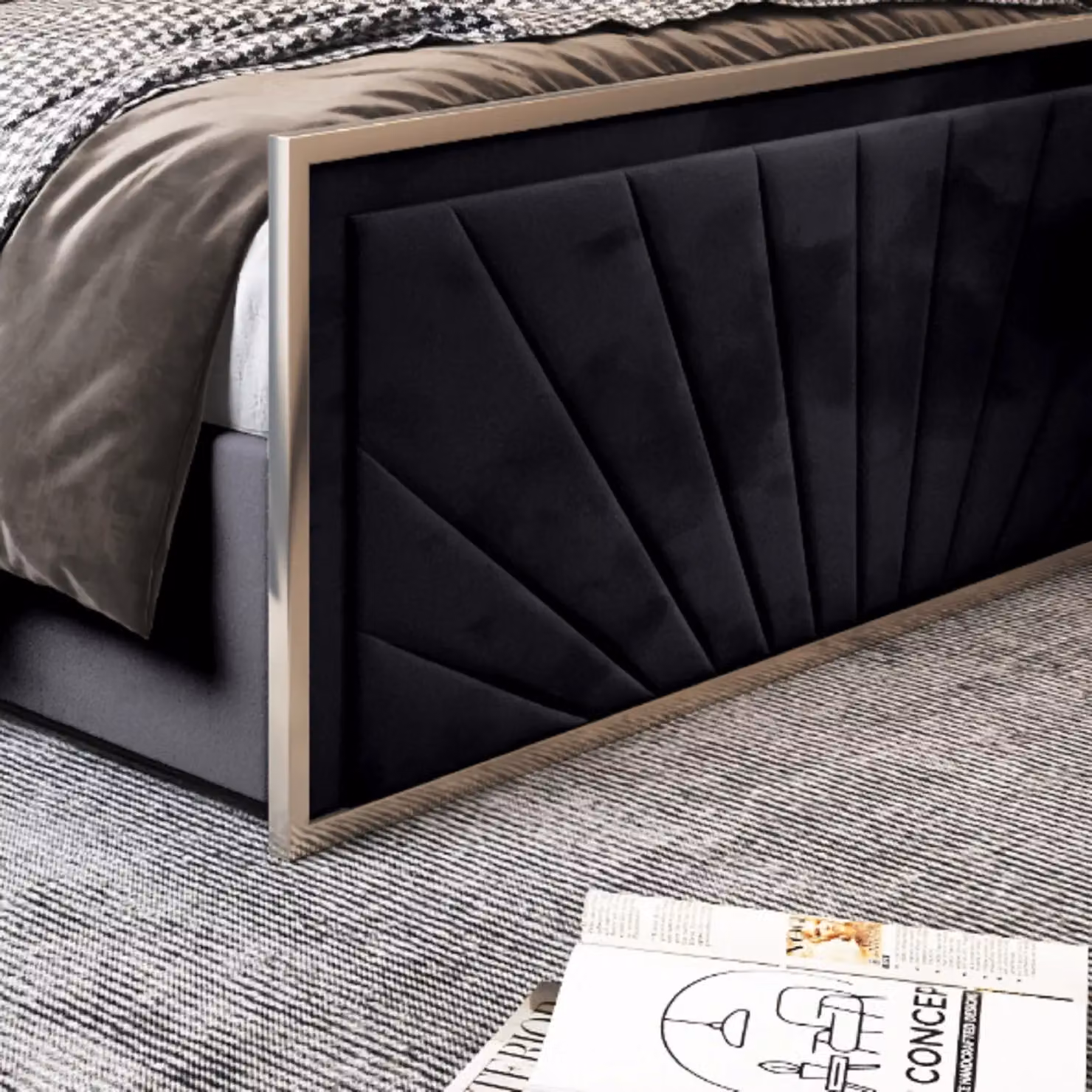 Casani Black Velvet Upholstered Metal Designer Bed Frame, W/D/H: 180 x 200 cm – 4