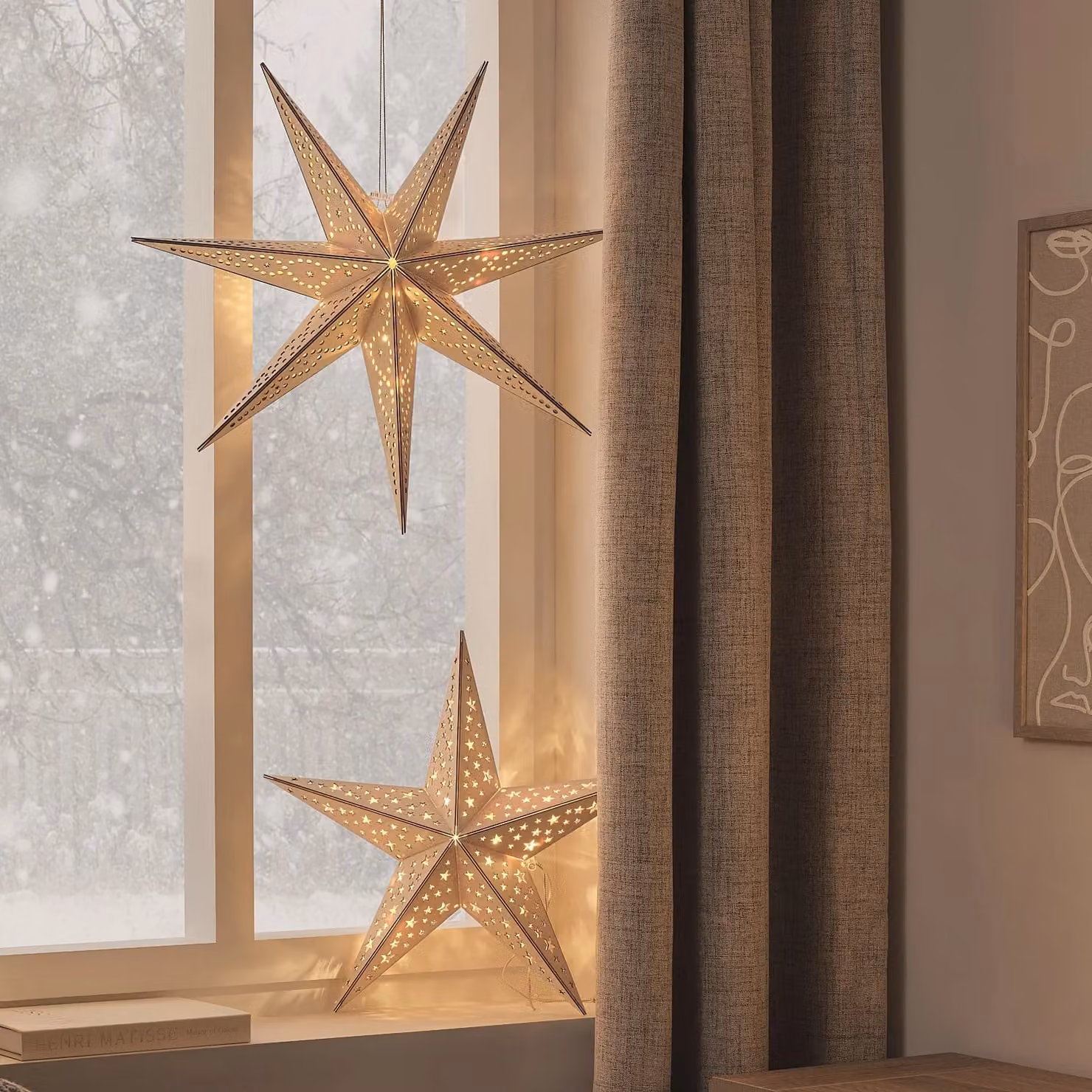 Set of 2 Rustic Brown Wooden Star Hanging Christmas Light Up Decorations