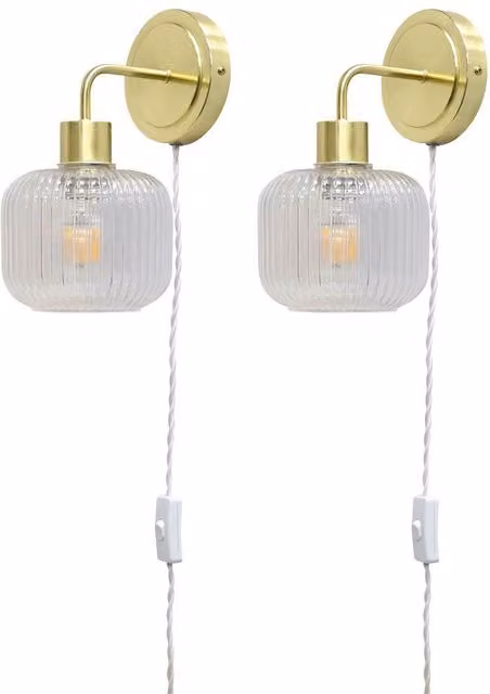 First Choice Lighting Toby Set of 2 Plug in Wall Lights in Gold/Brass with Transparent Glass Shades