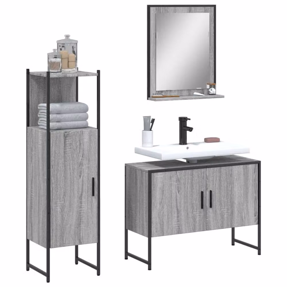 Berkfield Home 3 Piece Grey Bathroom Cabinet Set including Vanity Unit, Tall Cabinet and Mirror Cabinet – 2