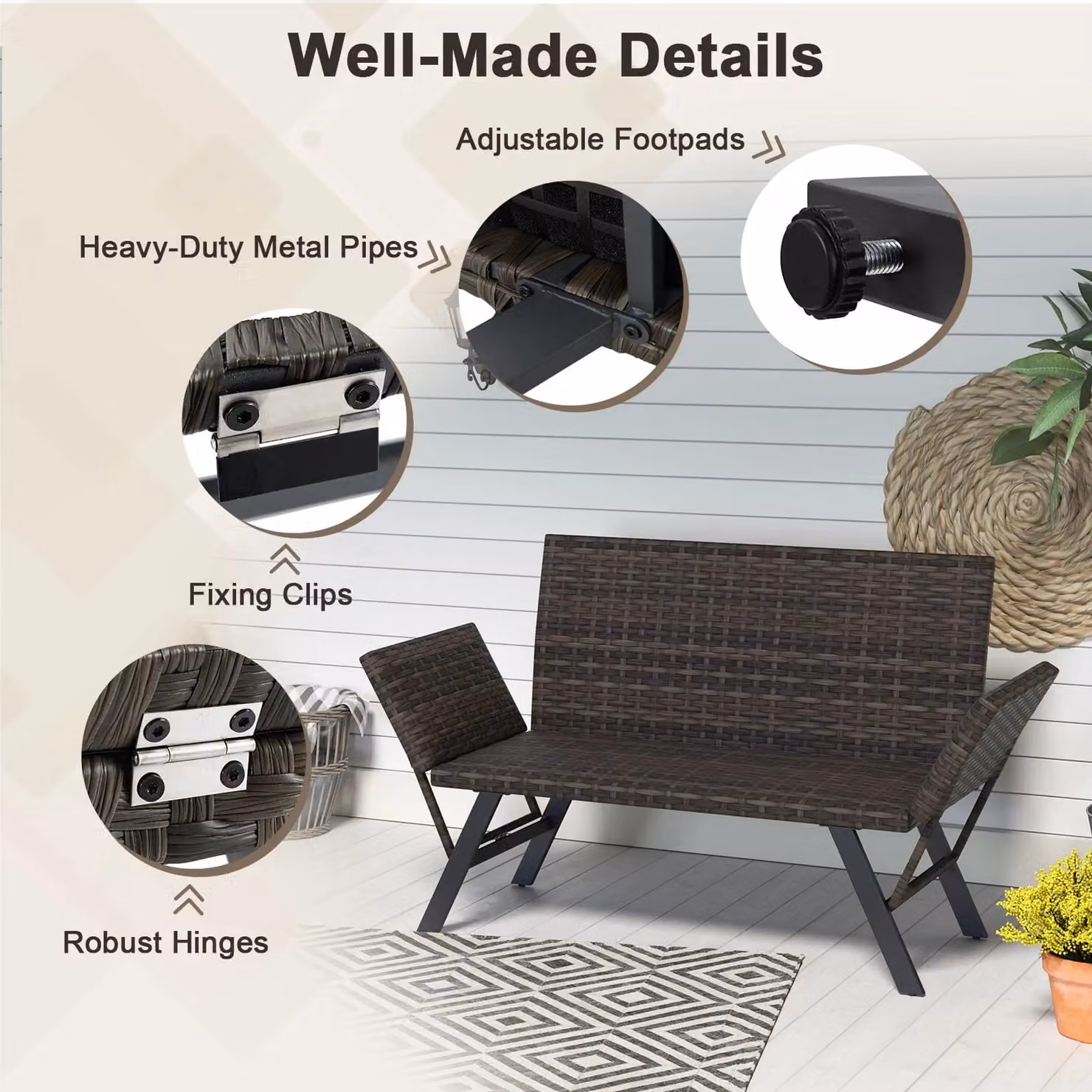 Costway Grey Polyrattan Patio Convertible Sofa for 2 with Quick Dry Foam Padded Cushions and Metal Frame – 3