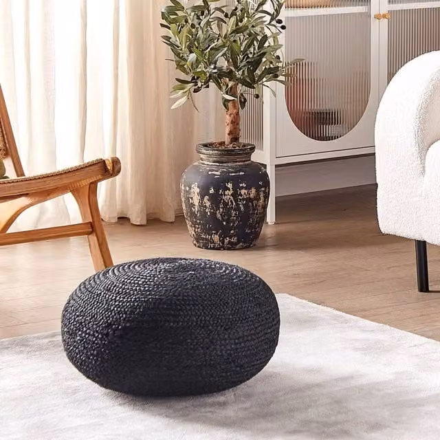 Wyld and Coco Black Jute Boho Ottoman Pouffe, Diameter: 50 cm – 1