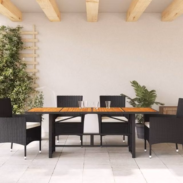 Berkfield Home Extendable Garden Table with Black Poly Rattan and Acacia Wood Top, W: 190 cm, D: 80 cm, H: 74 cm