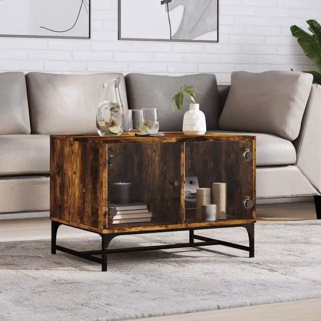 Berkfield Home Modern Coffee Table with Glass Doors in Smoked Oak Brown, W: 68.5 cm, D: 50 cm, H: 50 cm – 1