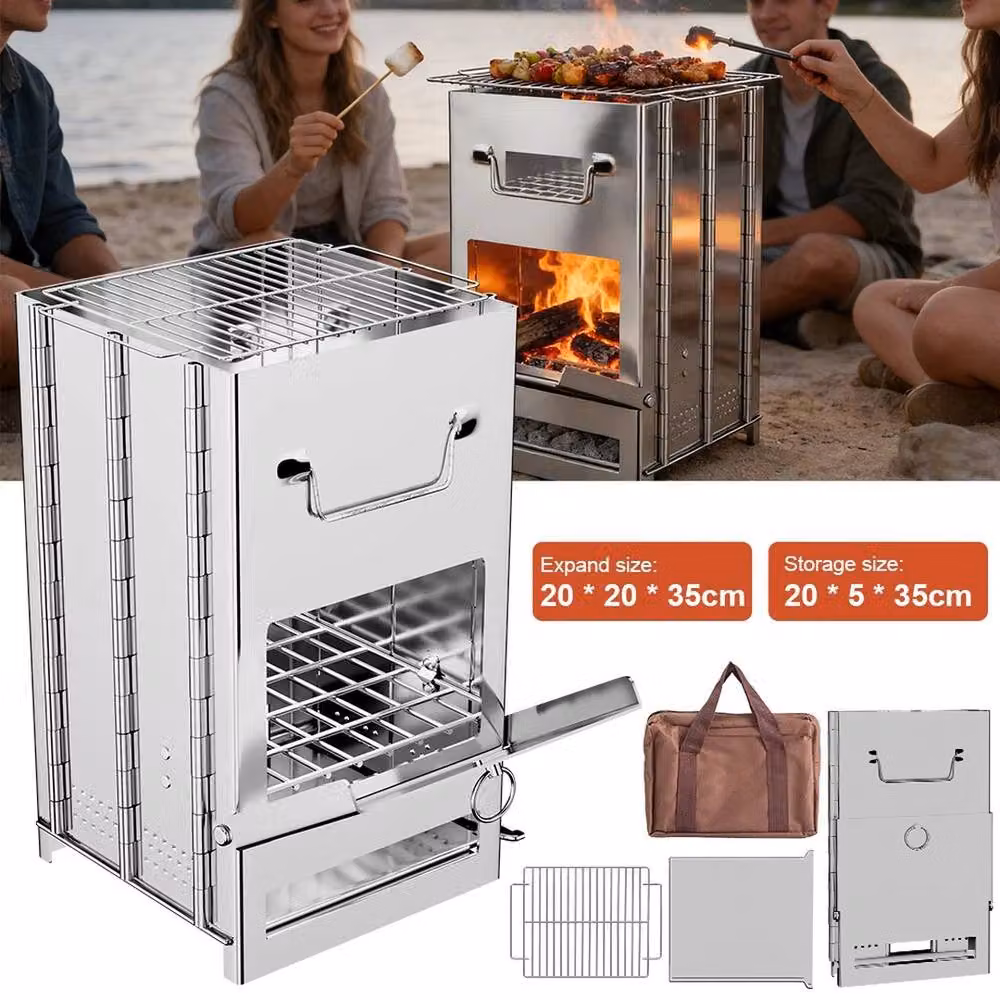 FLAVORA Portable Folding Stainless Steel Outdoor Tabletop Wood Stove in Silver, W/D/H: 35 x 20 x 20 cm – 4