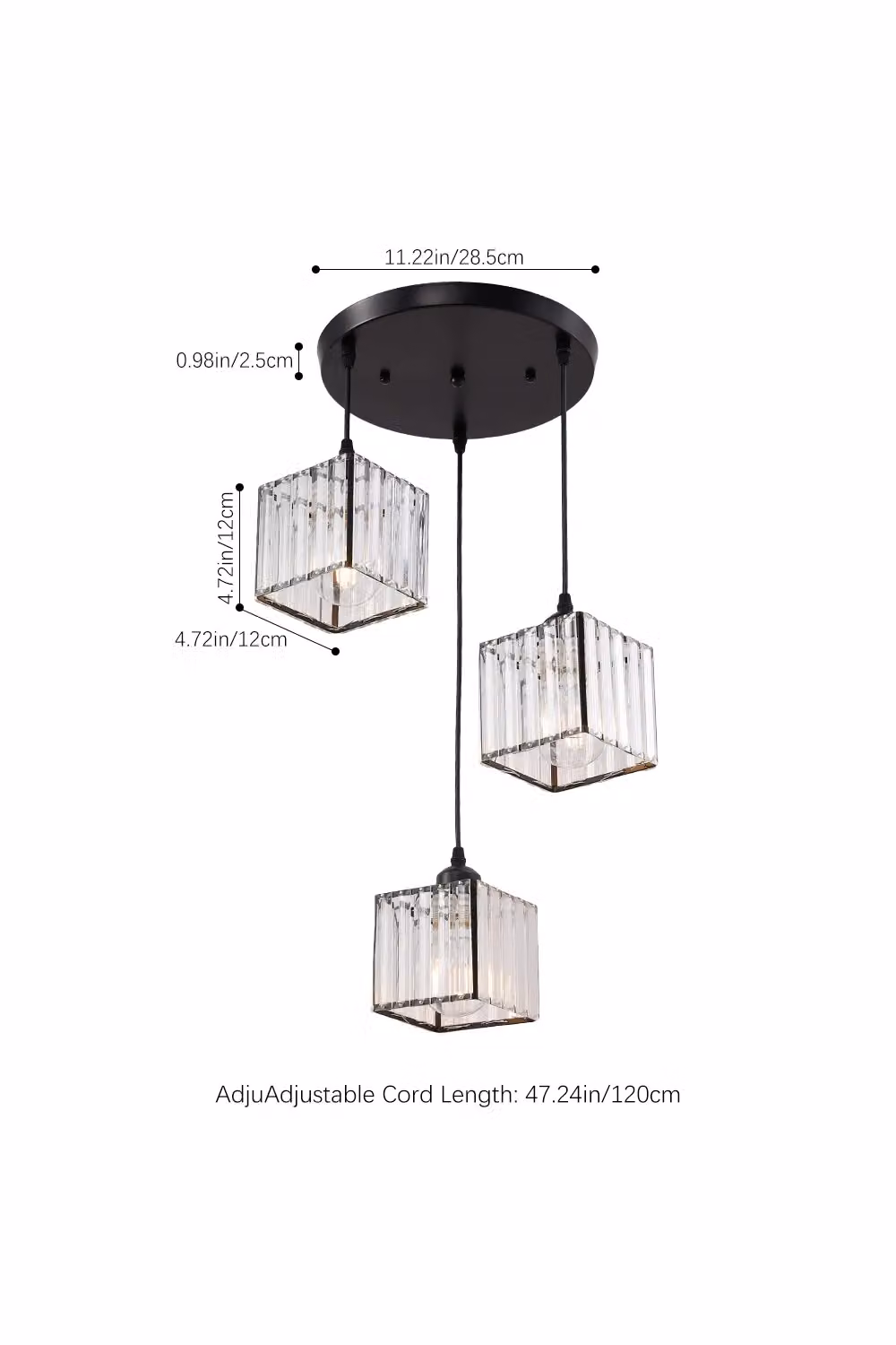 Living and Home 3-Light Crystal and Metal Ceiling Pendant Light Fixture in Black – 2