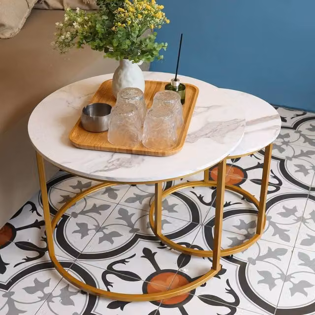 Huhote Set of 2 Round Nesting Side Tables with White Marble Finish Wood Tops and Gold Metal Frames – 1