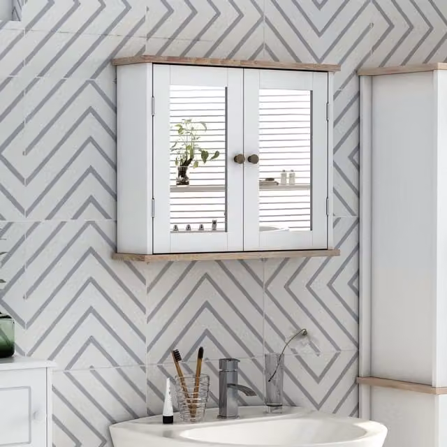 Kleankin Wall Mounted Bathroom Mirror Cabinet with Double Hinged Glass Doors in White