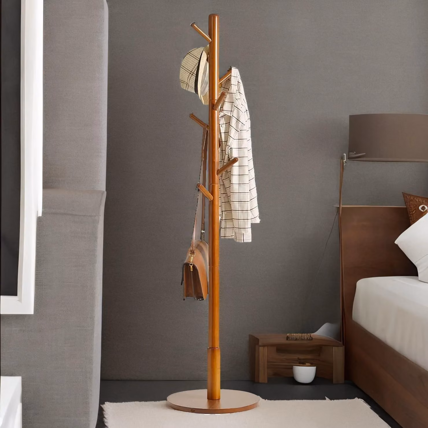 Rafaelo Mobilia Adjustable Brown Rubberwood Coat Stand with 8 Hooks and Round Base – 2