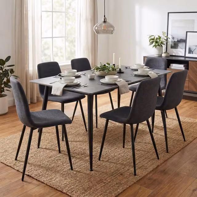 FWStyle Grey Sintered Stone Rectangular Dining Table with 6 Grey Dining Chairs