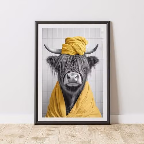 60 Second Makeover Highland Cow Yellow Towel Animal Print Paper Poster, W: 21.0 cm, H: 29.7 cm