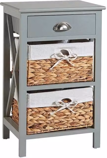 FORGEVIO Grey and White Wooden 2 Drawer Bedside Chest with Water Hyacinth Baskets – 1