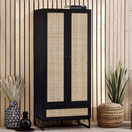Julian Bowen Padstow Rattan 2 Door 1 Drawer Wardrobe in Black, H190 x W80 x D56 cm – 1