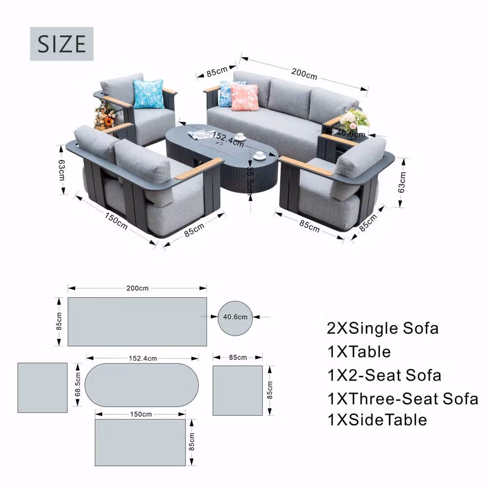 Terrafab MIMO Outdoor Aluminum Sofa Set with Teak Armrests and Fire Pit Table in Grey – 3