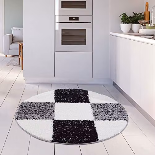 THE RUGS Modern Grey Checked Round Shaggy Area Rug, Diameter: 120 cm – 2