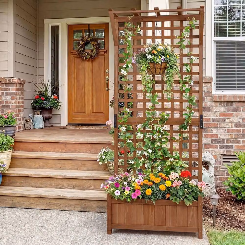 Havendro Wooden Raised Garden Bed with Hanging Roof Trellis Vertical Planter, Brown, H 181 x W 75 x D 33 cm – 4