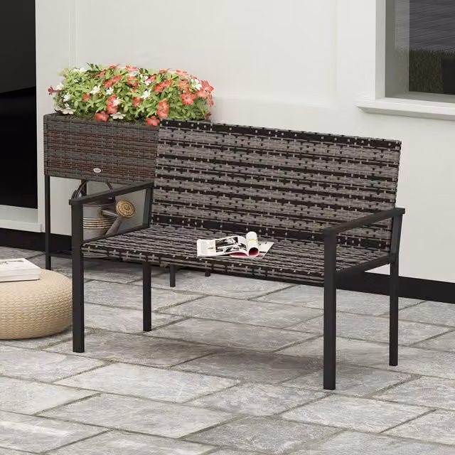 OUTSUNNY Grey Rattan Garden Bench Loveseat with Quick-Drying Padding