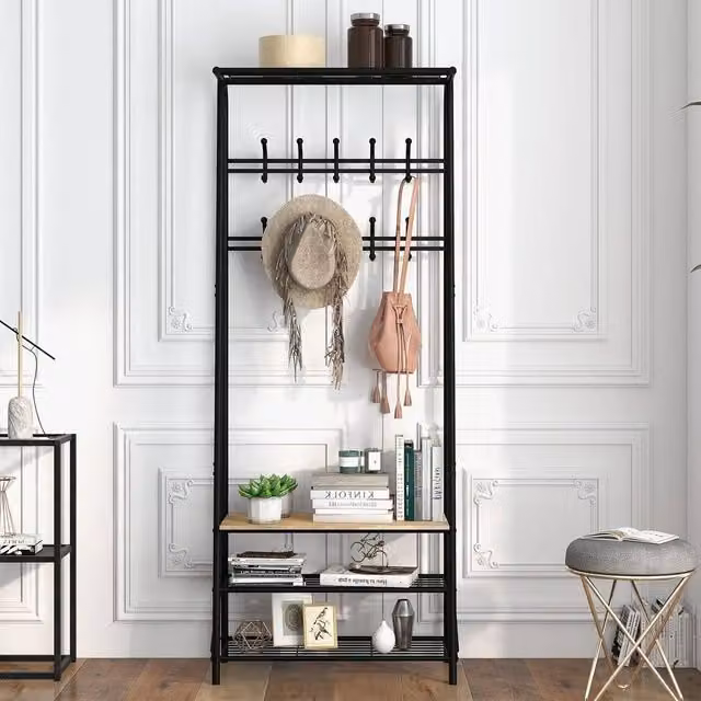London Boutique 4-in-1 Industrial Hall Tree with Shoe Storage Bench and 10 Hooks in Brown