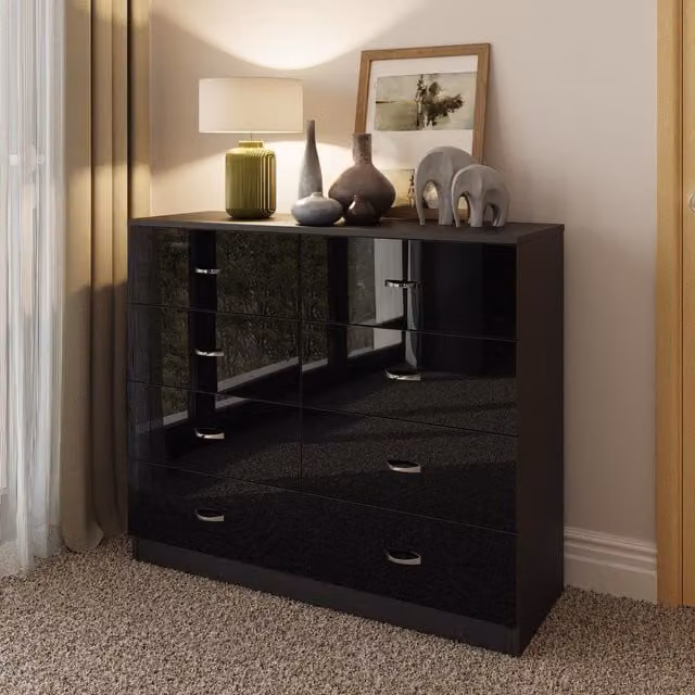 FWStyle Modern 8 Drawer Gloss Black Chest of Drawers for Bedroom Storage