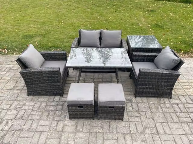 Fimous 6 Seater Outdoor Garden Furniture Set with High Back Rattan Sofa, Dining Table, Side Table and 2 Small Footstools in Dark Grey