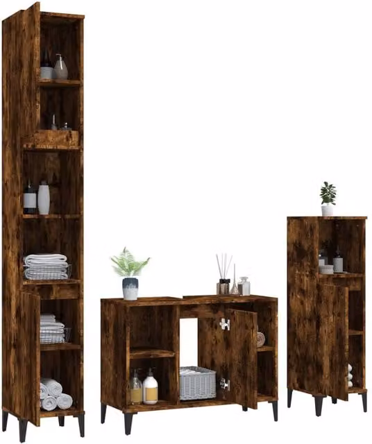 Berkfield Home Modern 3 Piece Brown Smoked Oak Bathroom Furniture Set including Vanity Unit, Tall Cabinet and Side Cabinet