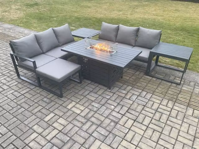 Fimous 7 Seater Outdoor Garden Furniture Set with Gas Fire Pit Dining Table and Footstool in Dark Grey Matt Powder Coated Aluminium