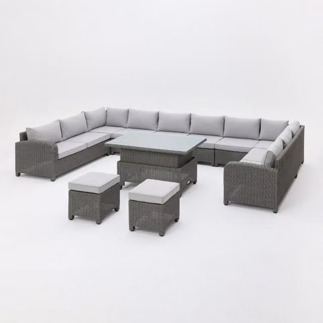 Segrada U-Shaped Polyrattan Garden Furniture Set in Grey with Upholstered Cushions and Outdoor Coffee Table for 10 Adults