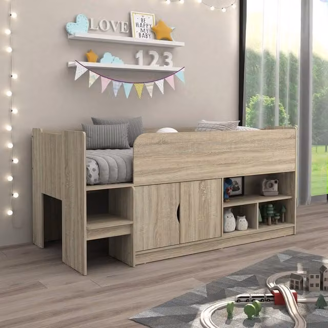 KIDSAW Single Mid Sleeper Bed with Cupboard and Shelves in Oak