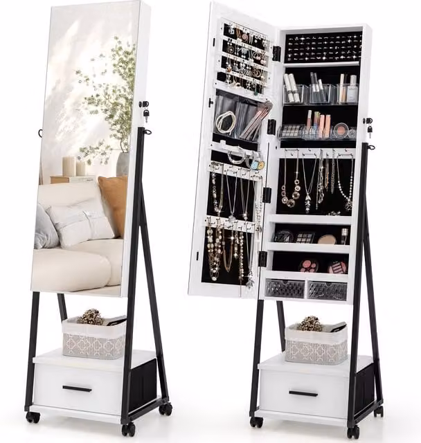 COSTWAY Modern White Freestanding Jewellery Armoire with Lock and Mirror