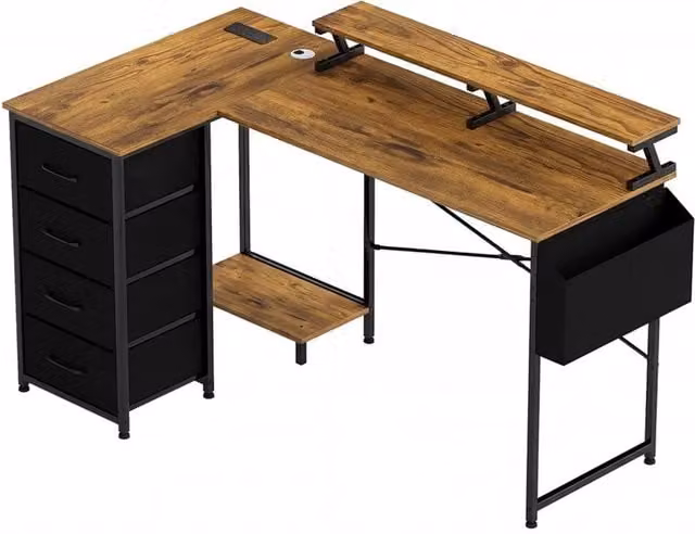 EONLION L Shaped Gaming Desk with Storage Drawer in Brown