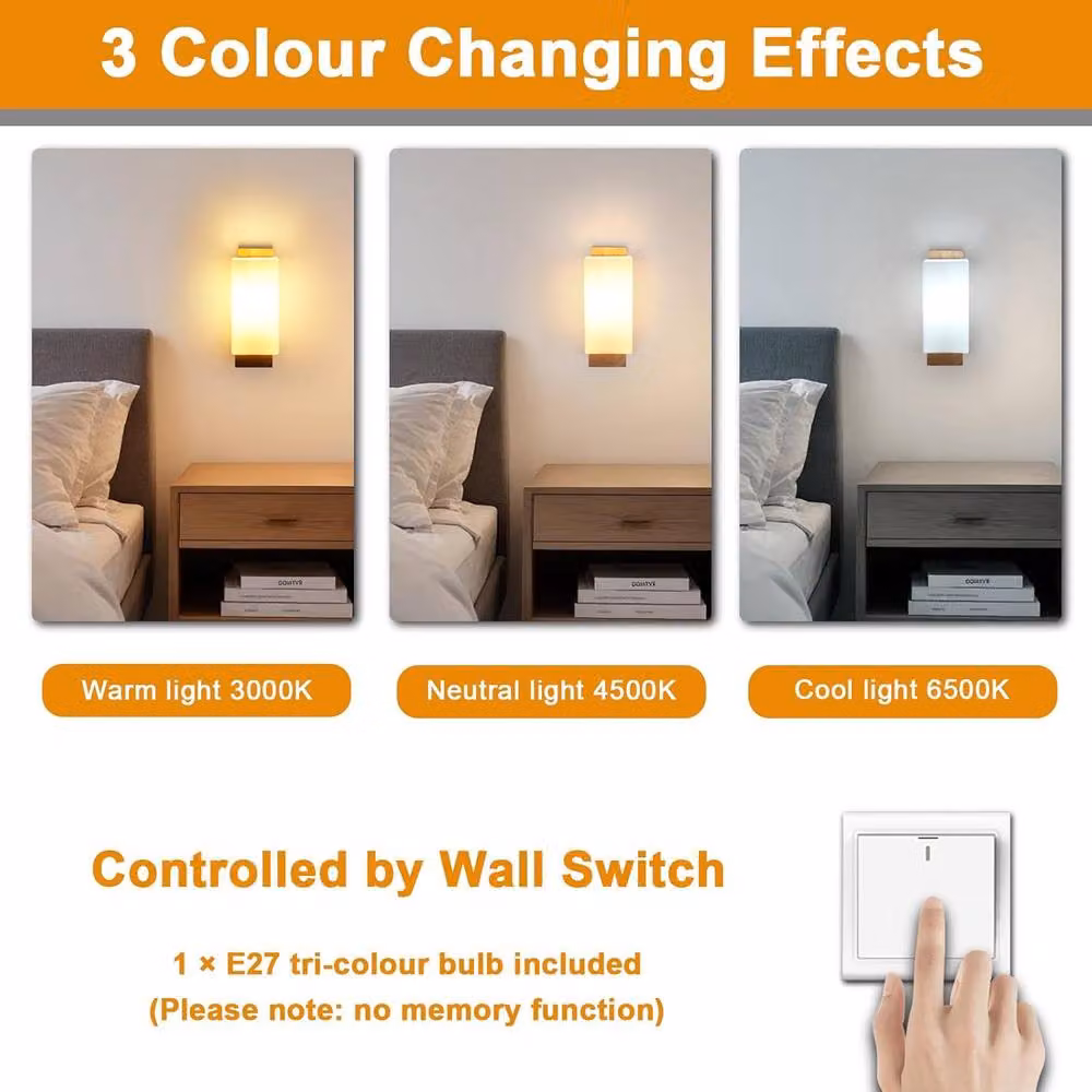 Goeco Vintage Wood Wall Light with White Glass Lampshade and LED Bulb – 4