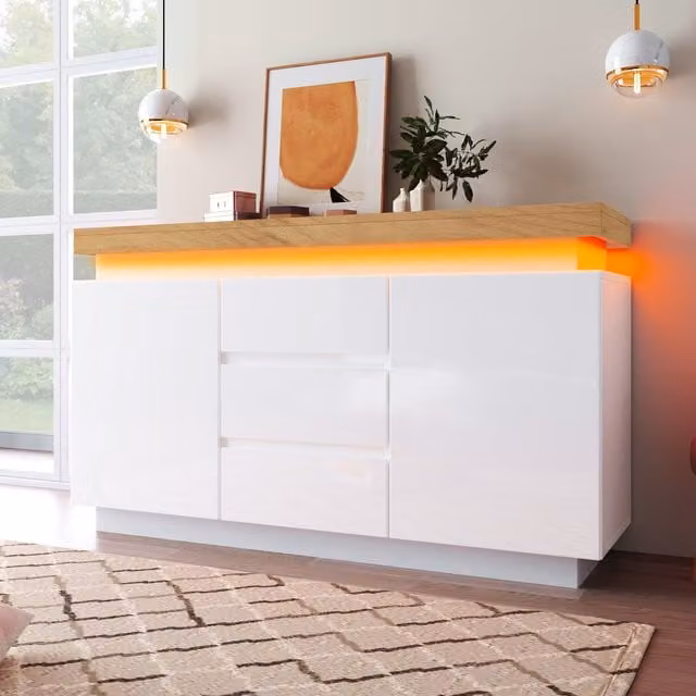 Aosom.UK Modern High-Gloss Storage Cabinet with 2 Doors, 3 Drawers and App-Controlled LED Light, White, W: 140 cm, D: 39 cm, H: 81 cm