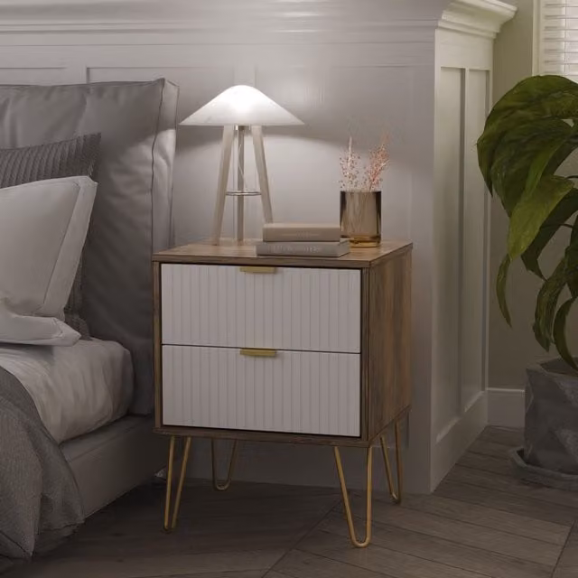 2 U Bexley Ready Assembled 2 Drawer Bedside Cabinet in White and Gold with Striped Matt Finish