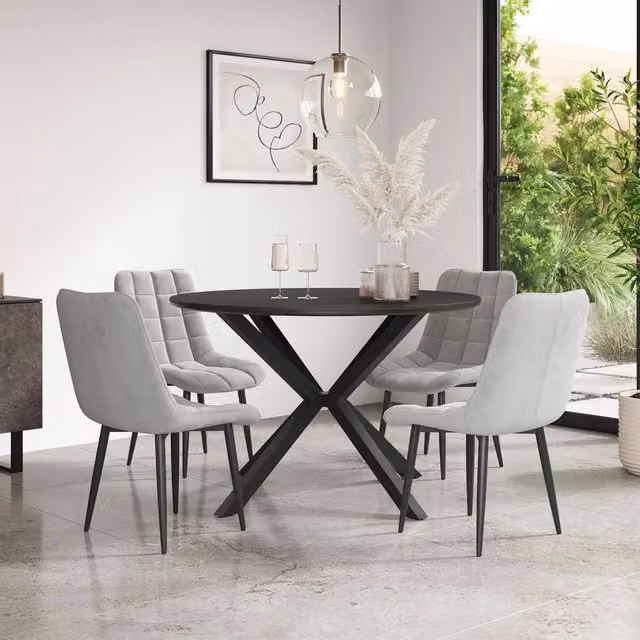 More4Homes Calne Round Ceramic Dining Table and 6 Nova Velvet Chairs in Grey and Black, Diameter: 120 cm, Height: 75 cm – 1