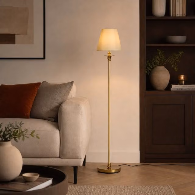Lighting Collection Gold Candlestick Floor Lamp with Beige Fabric Cone Shade