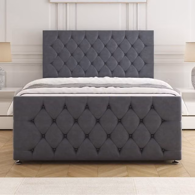 BSSPOKE Maya Divan Bed Set with 24 inch Headboard and Mattress in Grey Plush Velvet, Small Double, W/D/H: 120 x 200 cm – 1