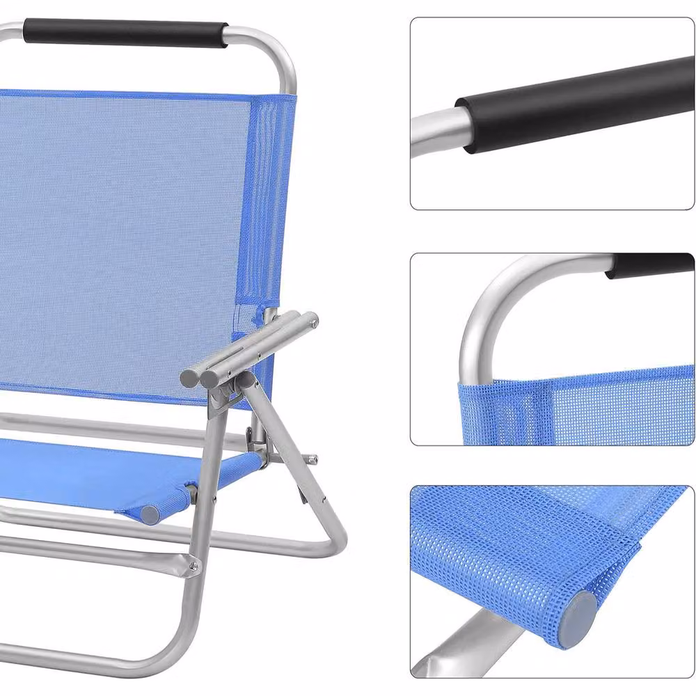The Bazaarist Blue Folding Beach Chair with Adjustable Armrests and Powder Coated Aluminium Frame – 3