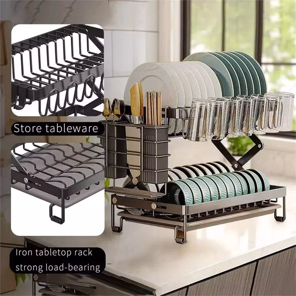 Nordara 2-Tier Black Dish Drying Rack with Drip Tray and Cutlery Holder – 4