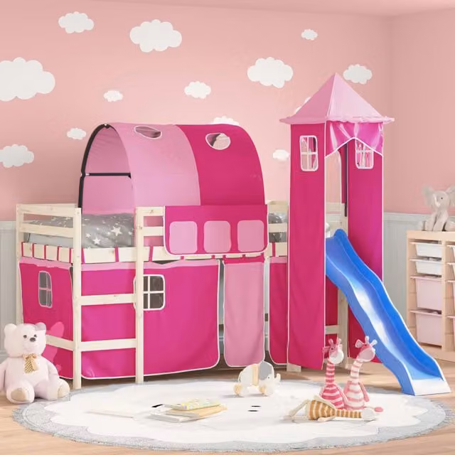 Berkfield Home Pink Opaque Childrens Loft Bed Curtains with Tunnel and Tower – 1