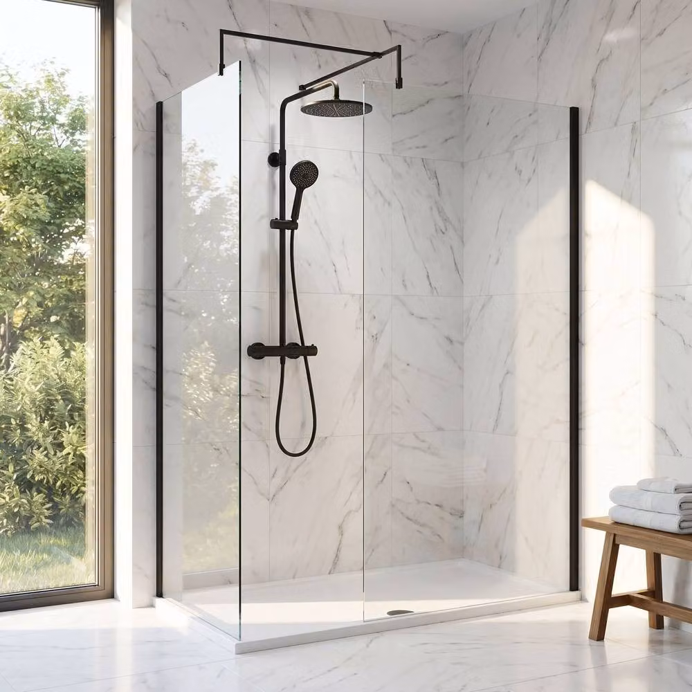 Balterley Walk-In Wetroom Bundle in Matt Black with Transparent Glass, W: 1500 mm, D: 700 mm – 3