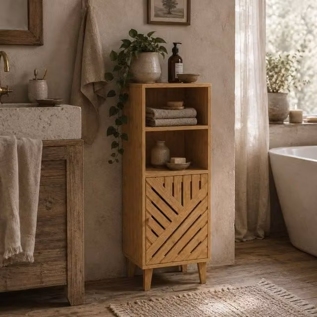 Wyld Haus Mire Slim Freestanding Bathroom Cabinet in Sand and Brown with Bamboo Doors and Adjustable Internal Shelf, W/D/H: 30 x 32 x 90 cm