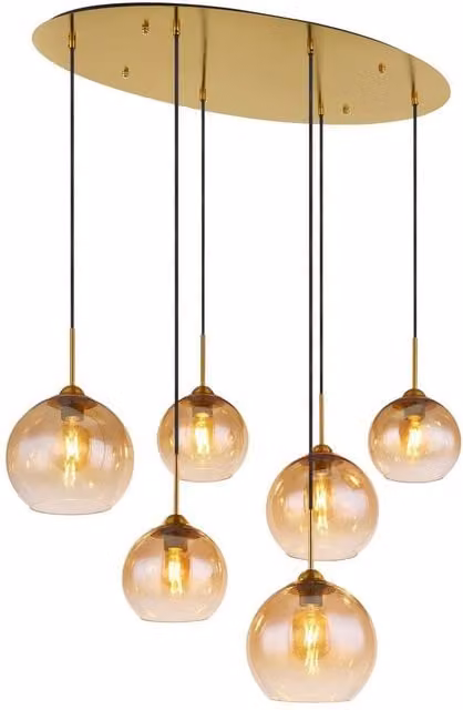 Netlighting Jamessa Cluster Pendant Light with Amber Glass Shades and Brass Finish, 6x E27
