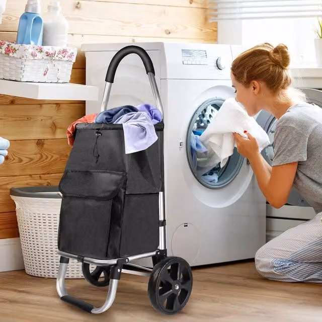 EONLION Large 2 Wheel Folding Shopping Trolley, Black, Height: 100 cm