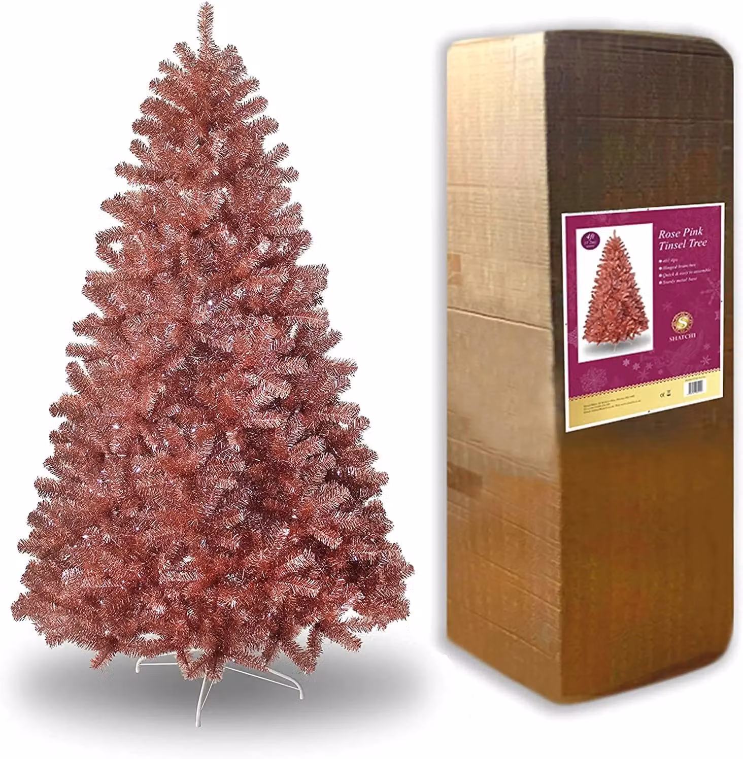Shatchi 6ft Artificial Christmas Tree with Rose Gold Shiny Tinsel Tips – 2