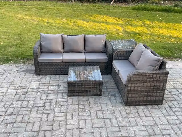 Fimous 5 Seater PE Rattan Garden Furniture Set with Square Coffee Table and Side Table in Dark Grey