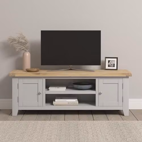 Seconique Windsor Straight TV Unit in Pebble Grey and Oak, W: 140 cm, H: 37 cm, D: 50.5 cm – 1
