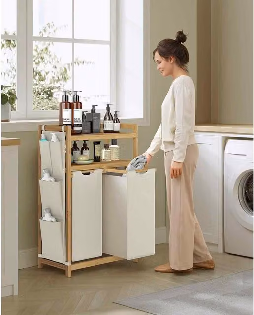 The Bazaarist Double Laundry Hamper with Shelf and Side Pockets in White and Cream White